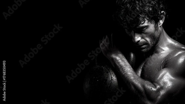 Fototapeta Fitness enthusiast focusing on kettlebell workout in a low-light gym setting showcasing strength and determination