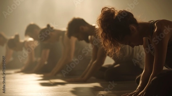 Fototapeta Group of dancers practicing in a studio during a soft lit afternoon, showcasing their focus and dedication to the art of movement and dance