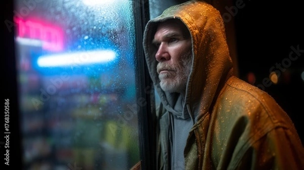Fototapeta Man in a hoodie gazes out at a rainy night through a store window, reflecting deep thoughts and emotions in the urban environment