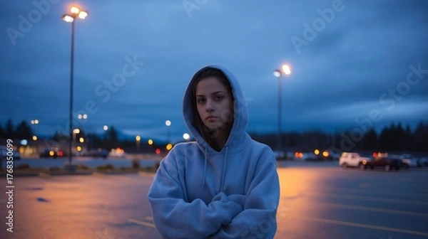 Fototapeta Young woman stands in empty parking lot at dusk, wearing a hoodie and looking thoughtfully at the camera in a serene atmosphere