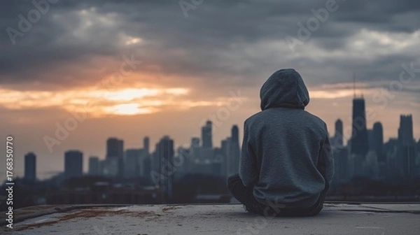 Fototapeta Person sitting on rooftop looking over city skyline at sunset, reflecting on life and dreams amid urban landscape