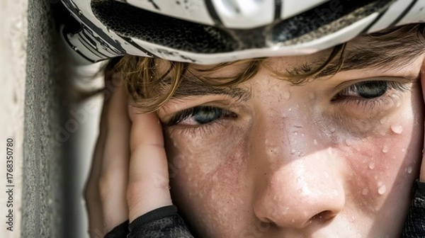 Fototapeta Young cyclist resting after intense training in a sunny outdoor location, showing determination and focus in their gaze while sweating