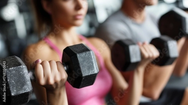 Fototapeta Couple lifts dumbbells together in a gym during their workout session focusing on strength training and fitness goals