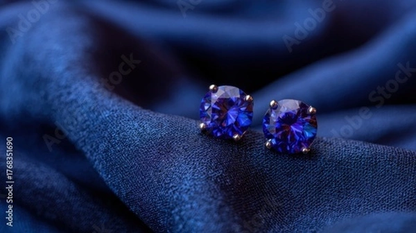 Obraz Elegant Sapphire Earrings on Soft Blue Fabric with Luxurious Texture and Subtle Shine