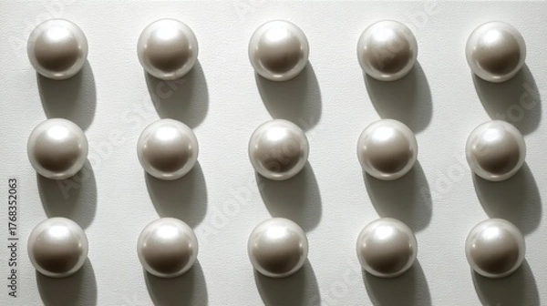 Fototapeta Elegant Arrangement of Glimmering White Pearls on Soft Textured Background with Soft Shadows and Light Reflections