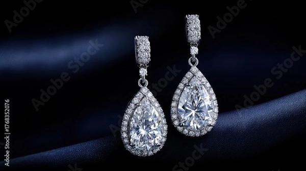 Fototapeta Elegant Teardrop Diamond Earrings with Sparkling Details on Dark Silk Background Displaying Luxury and Glamour