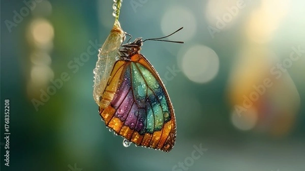 Obraz metamorphosis. Butterfly emerging from a cocoon with wings unfolding for the first time in morning sunlight. wildlife magazines, conservation campaigns, designed for wildlife conservation campaigns.