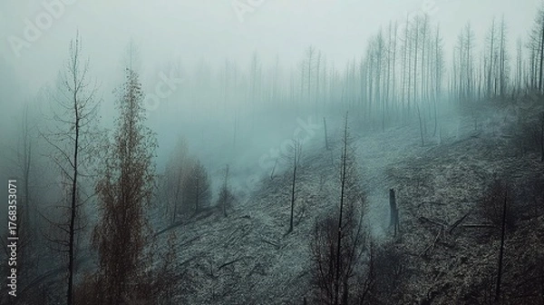Obraz devastation. Aerial view of a charred forest landscape, hazy atmosphere and deep perspective. ESG reports, sustainability campaigns, designed for environmental awareness campaigns.