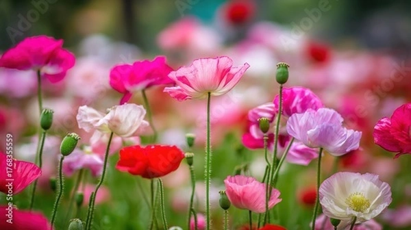 Obraz sedative. Field of poppy flowers swaying in gentle breeze, botanical tranquility scene. gardening catalogs, home-decor guides, designed for home decor and floral branding.