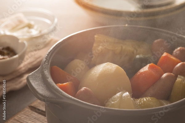 Obraz 家庭で作る野菜と肉の煮込み料理、ポトフの入った湯気の立っている鍋