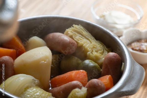 Obraz 家庭で作る野菜と肉の煮込み料理、ポトフの入った湯気の立っている鍋