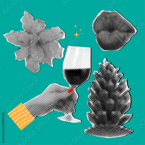 Obraz Christmas and Happy New year halftone collage elements,cut out from paper,perfect for social media embellishments and holiday greetings