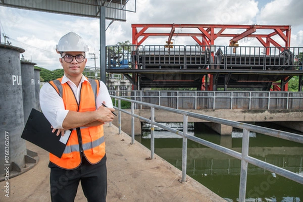 Fototapeta an engineer in safety vest inspects water gate structure, recording data on a sunny day