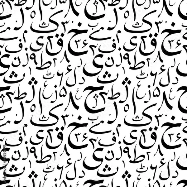 Fototapeta Black calligraphy Urdu letters on white, abstract seamless pattern