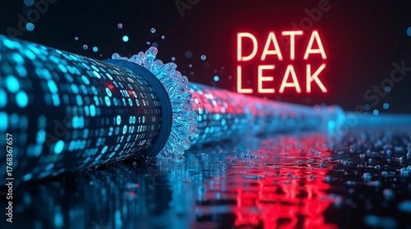 Fototapeta A visually striking representation of a data leak, featuring a pipe releasing digital binary code in a dark, modern setting.
