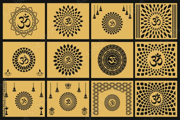 Fototapeta Sacred Om Symbol Mandala Set, Hindu Spiritual Wall Art, Decorative Religious Vector Design, Traditional Indian Pattern for Meditation and Yoga Background