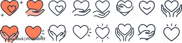 Fototapeta Vector icon set of hearts and hands in outline and filled styles showing care love support donation and charity for healthcare nonprofit and social apps. Caring Hands with Heart Line Icons Minimal.