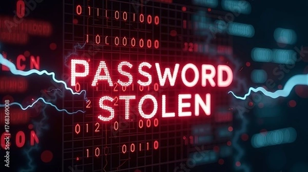Fototapeta A striking digital representation of a cyber attack, featuring the words 'PASSWORD STOLEN' in bright red against a dark, binary code background.