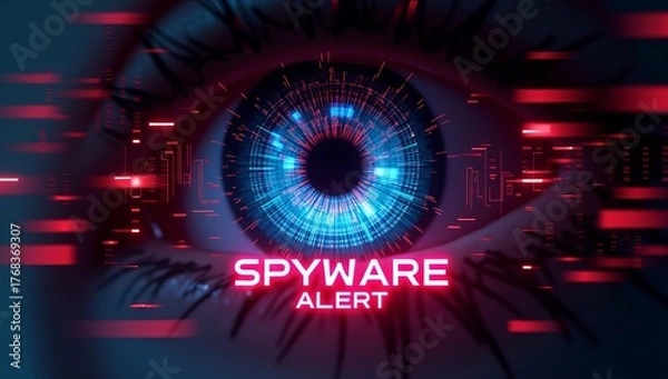 Fototapeta A close-up of an eye with digital overlays, emitting a high-tech, futuristic feel. The text 'SPYWARE ALERT' is prominent.