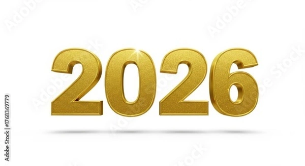 Fototapeta Shiny golden glitter 2026 year text with subtle shadow on white background, celebrating new beginnings and milestones