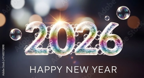 Fototapeta Happy New Year text with 2026 numbers made of iridescent bubbles celebration