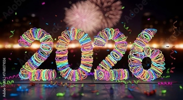 Fototapeta Neon Glow Sticks Form 2026 Numbers With Fireworks And Confetti new year celebration
