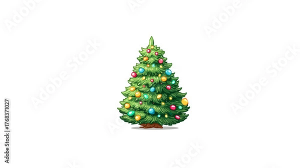 Obraz Vibrant decorated Christmas tree with colorful ornaments on white background. Festive holiday season illustration for winter celebration.