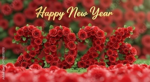 Fototapeta Red Rose 2026 Numbers with Happy New Year Text and Floral Background roses red roses