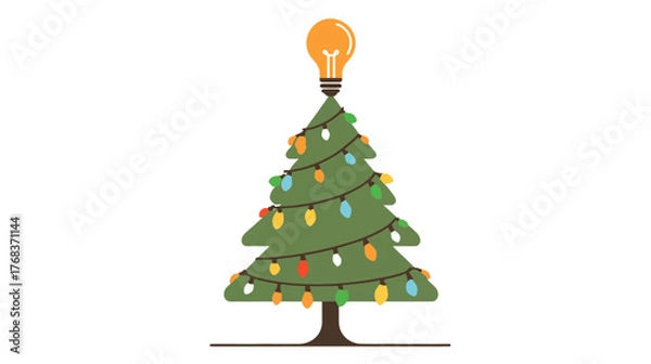 Obraz Vector illustration of a festive Christmas tree decorated with colorful lights and a bright light bulb as a star, representing new ideas and holiday spirit.