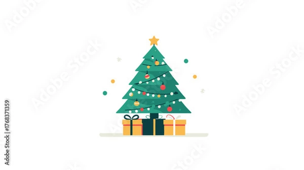 Obraz Festive Christmas Tree with Ornaments, Lights, and Wrapped Presents. Holiday Season Celebration Vector Illustration.
