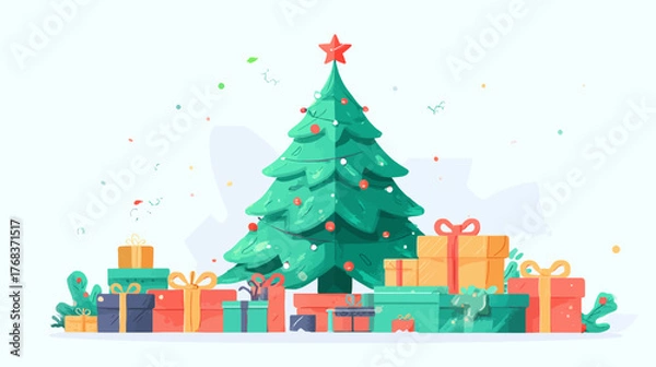 Obraz Whimsical Christmas Tree with festive ornaments and a shining star, surrounded by colorful wrapped presents and gift boxes. Holiday celebration vector illustration.