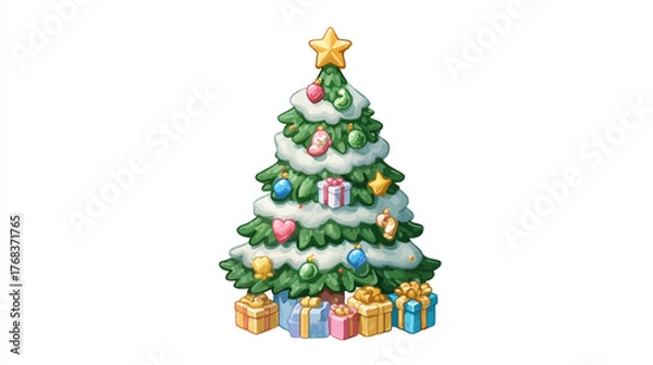 Obraz Beautifully Decorated Christmas Tree with Ornaments, Golden Star, and Snowy Branches, Surrounded by Wrapped Holiday Presents