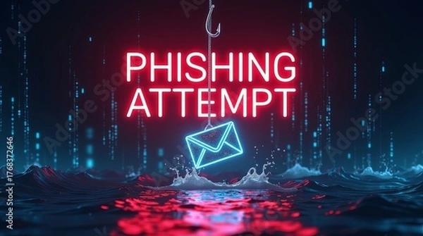 Fototapeta A striking visual depicting a phishing attempt with a glowing blue envelope on a hook, highlighting internet security themes.