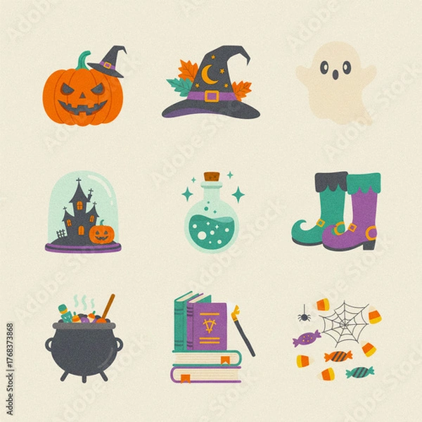 Obraz Halloween-themed illustrations including pumpkin, witch hat, cauldron, and candy. Ideal for spooky seasonal designs.