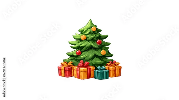 Obraz Vibrant Cartoon Christmas Tree with Colorful Ornaments and Stacked Presents, Festive Holiday Season Illustration on White Background
