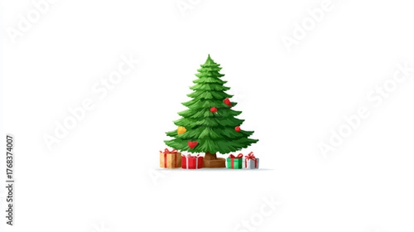 Obraz Festive Christmas Tree with Colorful Presents on White Background for Holiday Celebrations and Winter Joy