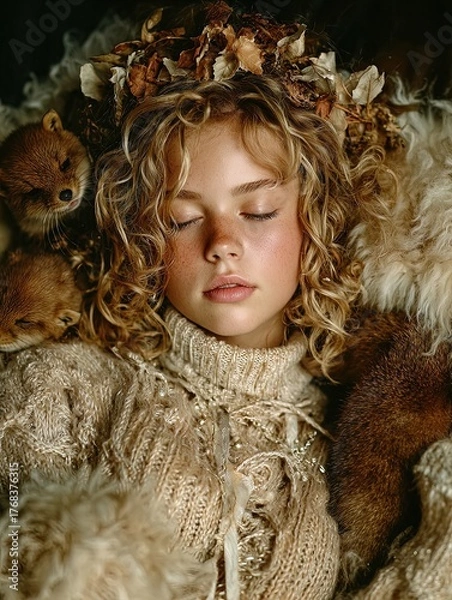 Obraz embrace autumn serenity: a cozy vogue-inspired portrait of a female model with playful otters, perfect for sporty interior posters or warm cozy decor.