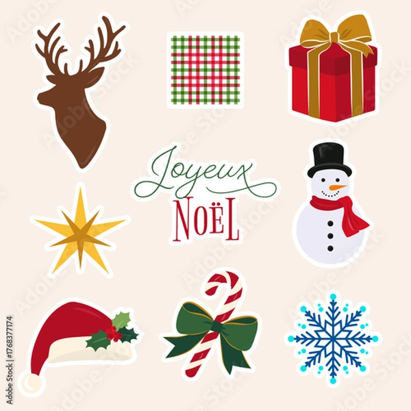 Fototapeta Christmas Icon collection pack. Xmas sticker set in flat design. Vector illustration. Colorful element set.