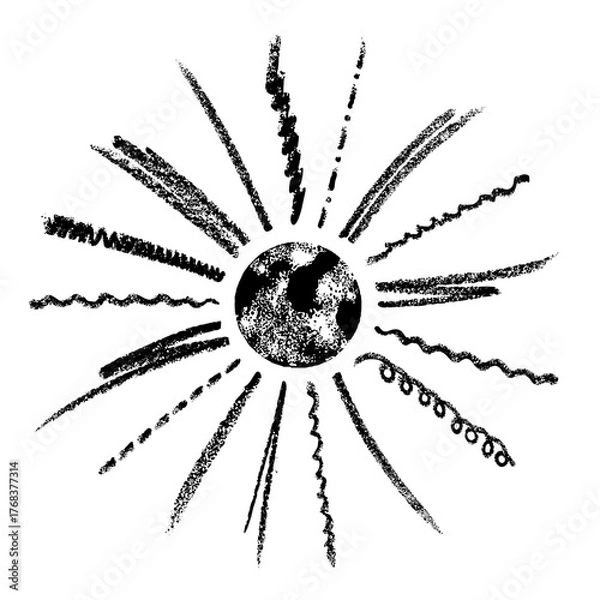 Fototapeta Black funny doodle sun. Hand drawn illustration isolated on white background. 