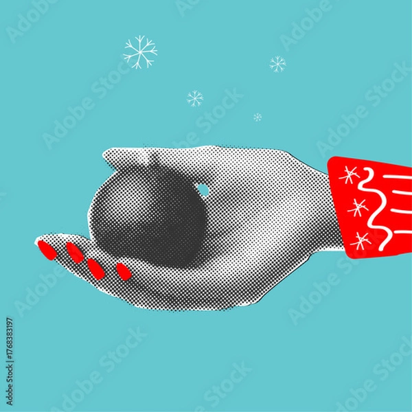 Obraz Female hand holding christmas ball in retro halftone style,trendy collage element cut out from paper