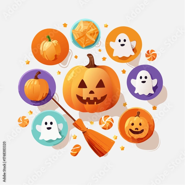 Obraz Spooky and sweet Halloween collection featuring pumpkin, ghosts, candy, and autumn treats