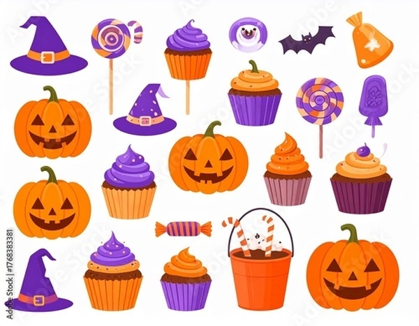 Fototapeta Colorful cartoon illustration set for Halloween featuring festive jack-o'-lanterns, sweet treats, candy, and witch hats