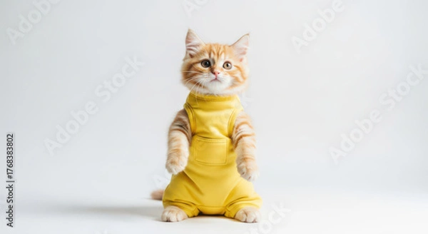 Obraz Adorable Ginger Kitten in Yellow Overalls Standing Upright, a Charming and Playful Portrait Against a Clean White Background, Showcasing its Cute and Curious Nature