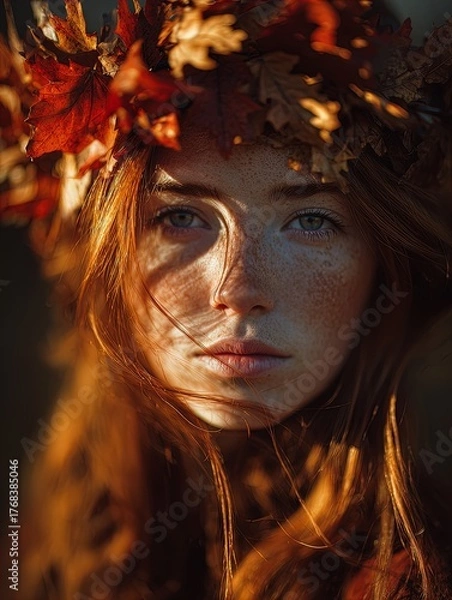Fototapeta ultra-realistic cinematic portrait of a young woman with autumn leaves crown: perfect for enriching sports interiors or nature-inspired decor with warm, serene lighting