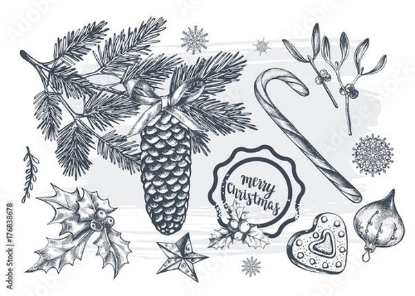 Fototapeta Hand drawn set of Christmas decorations. Template for greeting cards, invitations, posters, flyers. Vector isolated elements collection for your design.