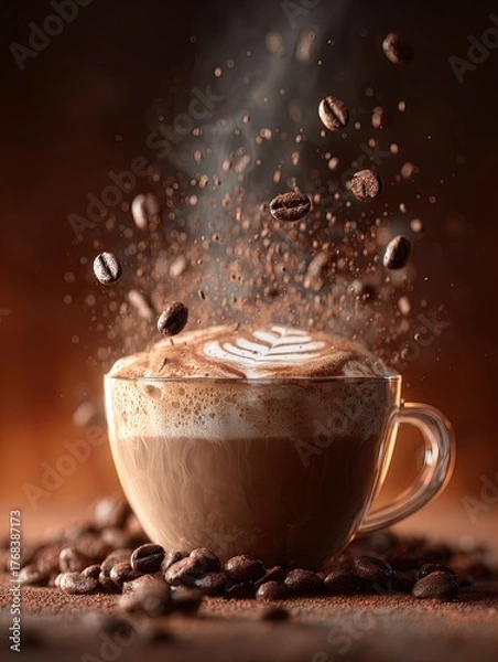 Fototapeta ultra realistic macro photo of freshly brewed cappuccino with milk foam art - perfect for café posters, coffee shop decor, or cozy interior spaces in warm brown tones with cinematic lighting.