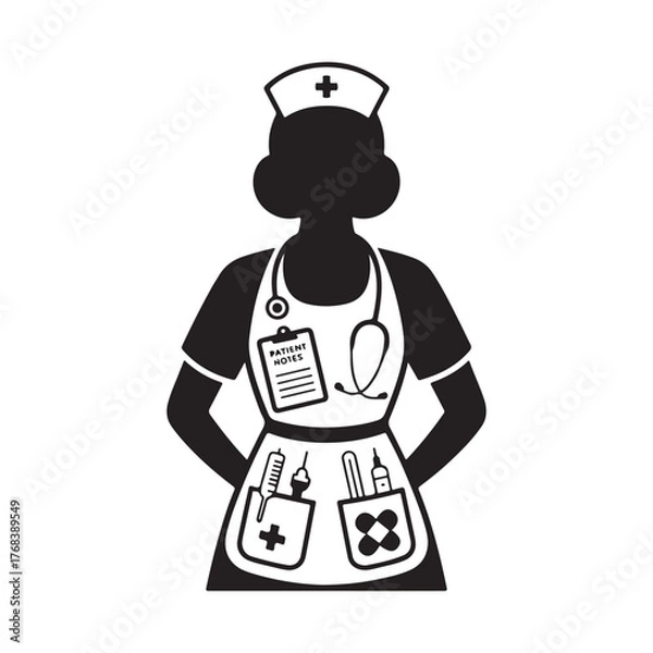 Fototapeta Nurse Character Holding a Baby Silhouette Vector Icon for Healthcare and Maternity Design Projects.
