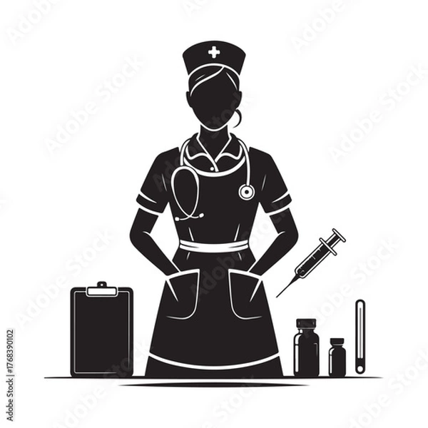 Fototapeta Nurse Character Holding a Heart Silhouette Vector Icon for Healthcare and Medical Design Projects.