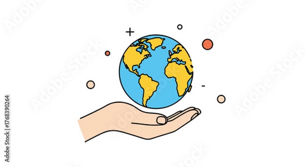 Fototapeta Stylized illustration of a hand holding the Earth with small circles and plus/minus symbols around it.