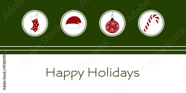 Fototapeta Happy Holidays - Schriftzug in englischer Sprache - Schöne Feiertage. Grußkarte mit Weihnachtsstrumpf, Weihnachtsmütze, Christbaumkugel und Zuckerstange.